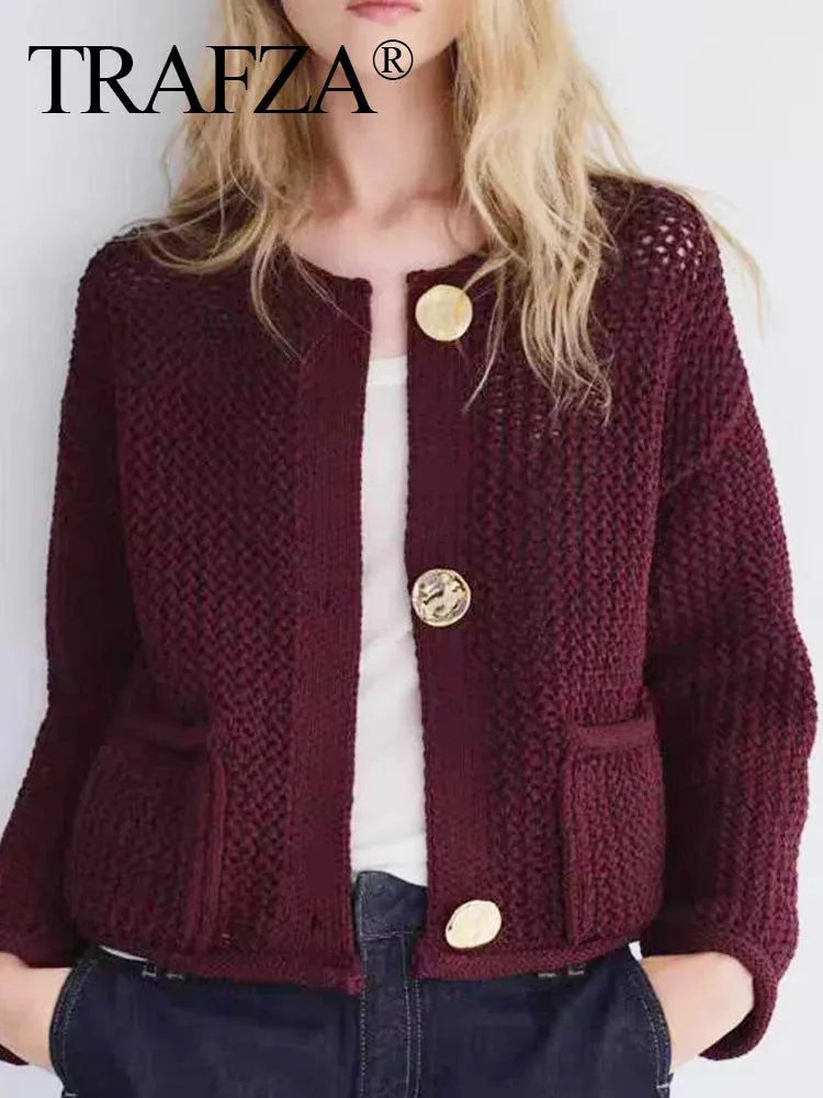 TRAFZA 2025 Female Casual Cardigan Sweater Coat 2 Pockets Wine Red Solid Metal Button Knitted Sweater Woman Autumn Trends Street