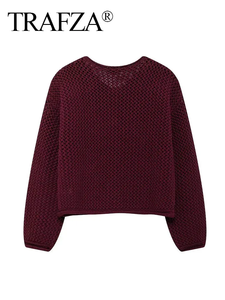 TRAFZA 2025 Female Casual Cardigan Sweater Coat 2 Pockets Wine Red Solid Metal Button Knitted Sweater Woman Autumn Trends Street