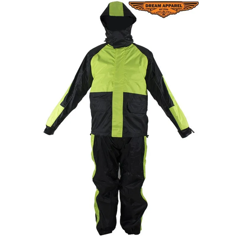 Two-Piece Black & Fluorescent Rain Suit With Zippered Side Seams