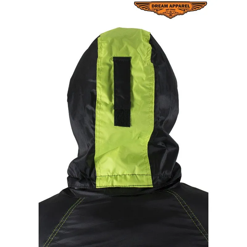 Two-Piece Black & Fluorescent Rain Suit With Zippered Side Seams