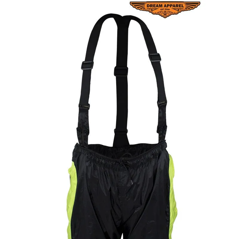 Two-Piece Black & Fluorescent Rain Suit With Zippered Side Seams