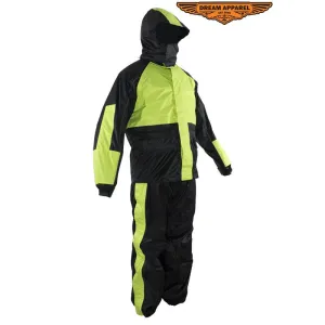 Two-Piece Black & Fluorescent Rain Suit With Zippered Side Seams