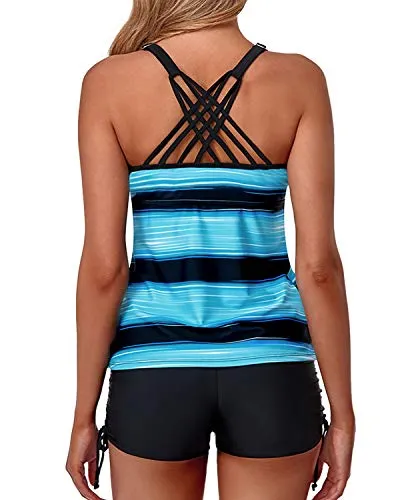 Two Piece Modest Tank Tops Athletic Tummy Control Shorts-Blue And Black Stripe