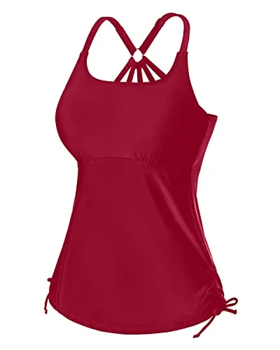 U Neck Tankini Top With Removable Padded Bra Swimsuit Tops For Women Tankini-Red