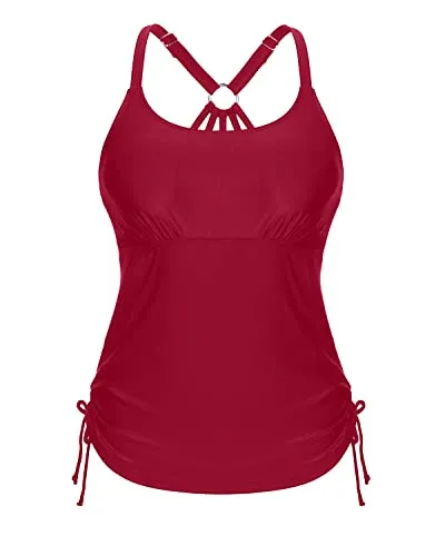 U Neck Tankini Top With Removable Padded Bra Swimsuit Tops For Women Tankini-Red