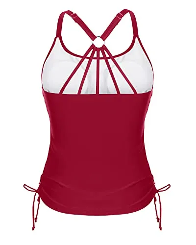 U Neck Tankini Top With Removable Padded Bra Swimsuit Tops For Women Tankini-Red