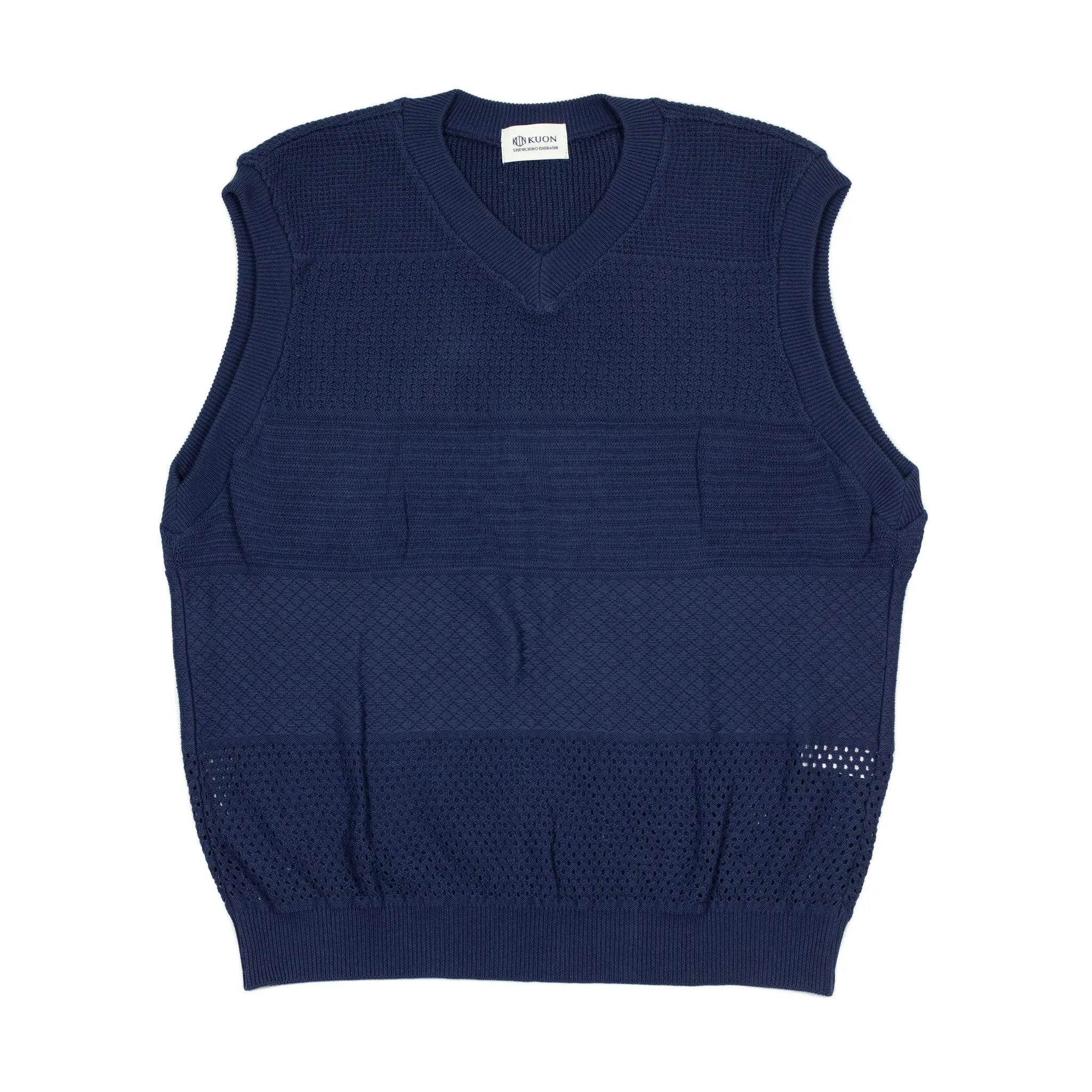 V-neck sweater vest in navy mixed density cotton knit