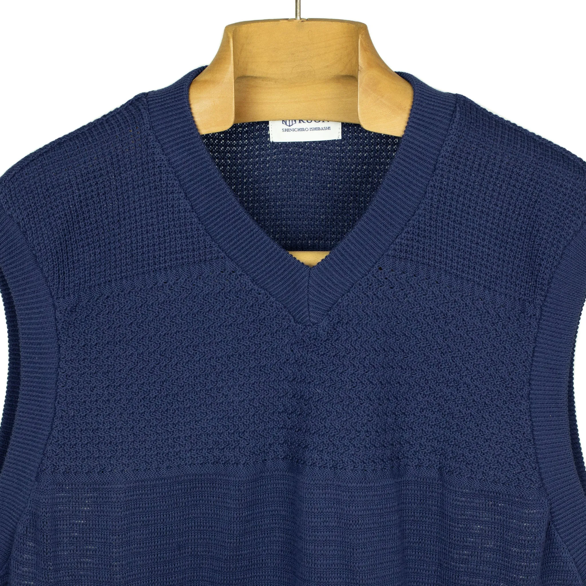 V-neck sweater vest in navy mixed density cotton knit