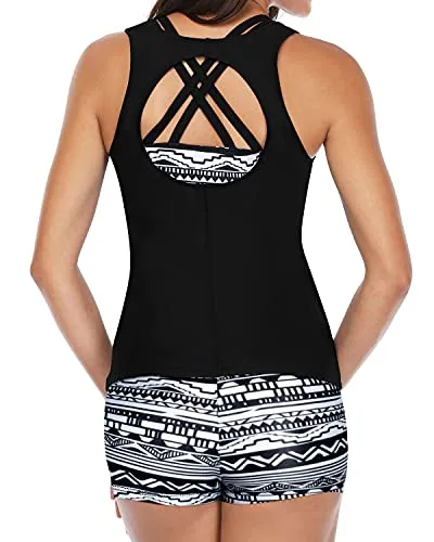 Versatile 3-Piece Tankini Bathing Suit Padded Bra-Black Tribal