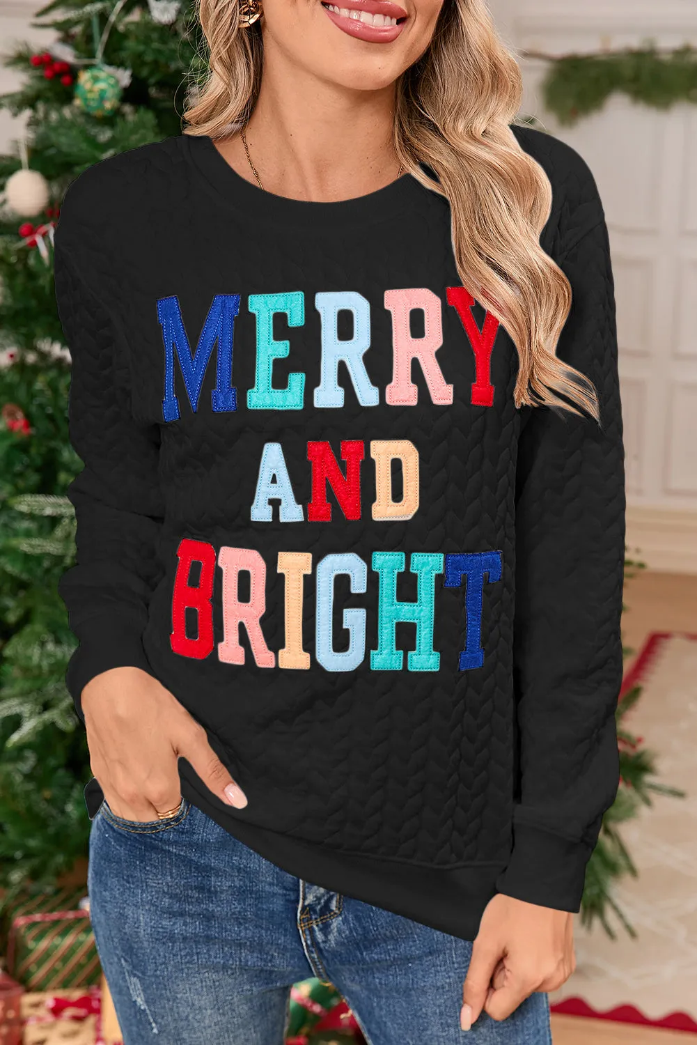 White Merry and Bright Quilted Sweatshirt