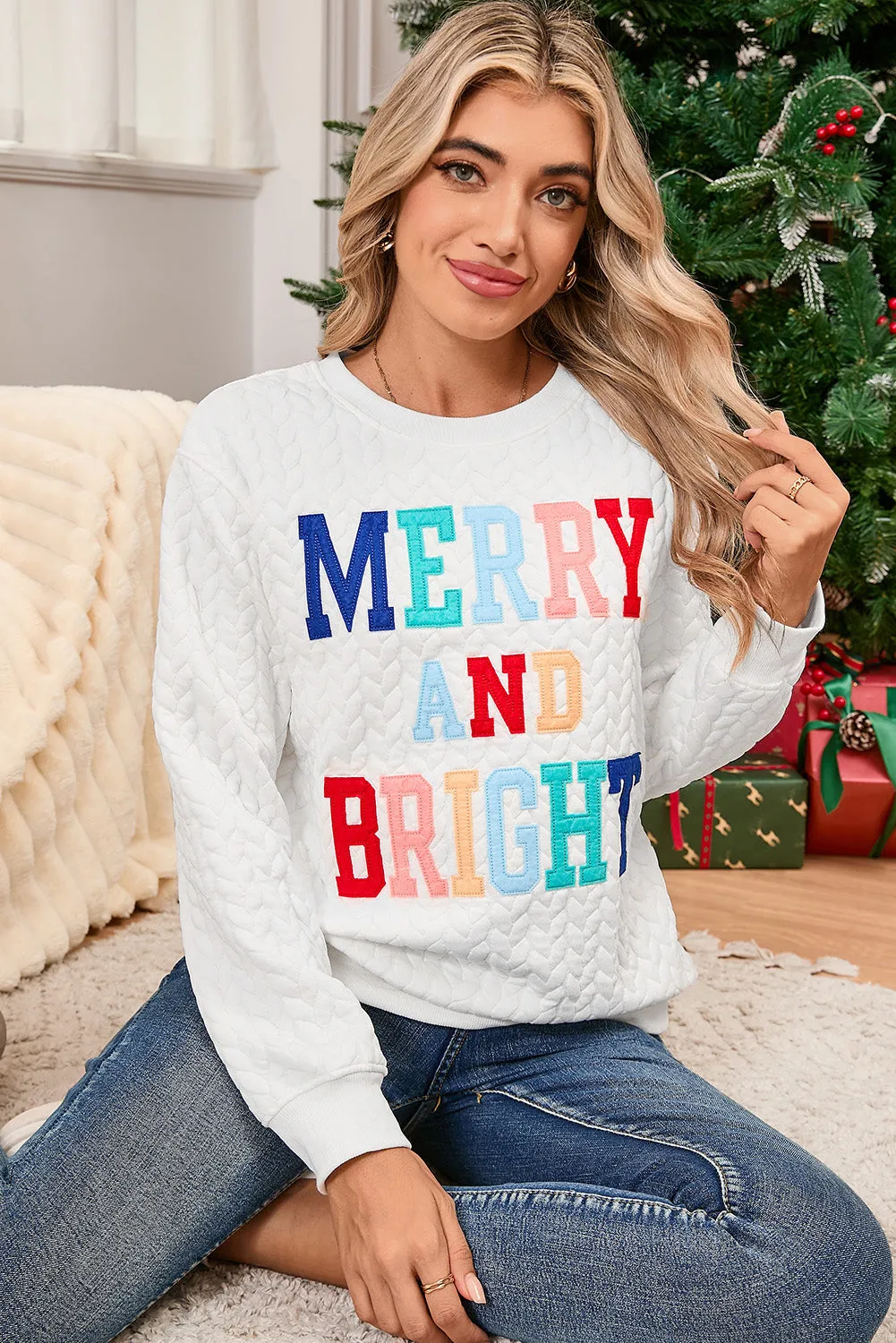 White Merry and Bright Quilted Sweatshirt