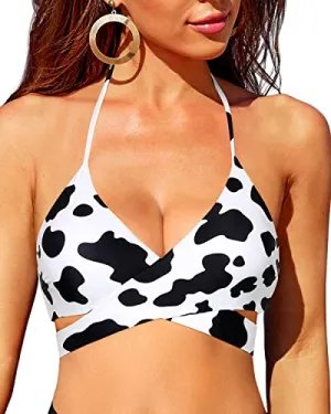 Women Sexy Bandage Swimsuit Push Up Bathing Suit Cross Wrap Top-Black And White Cow Pattern