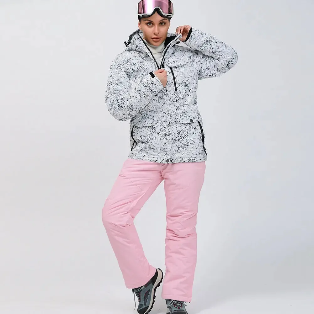 Women Snowboard Ski Jacket and Pants Set Marble Pattern