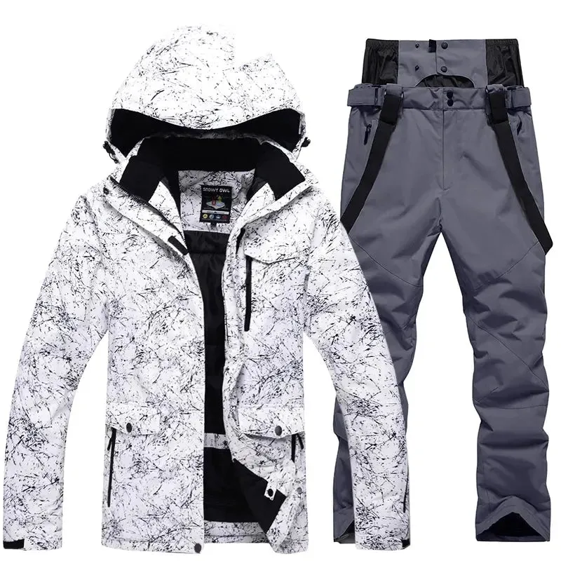 Women Snowboard Ski Jacket and Pants Set Marble Pattern