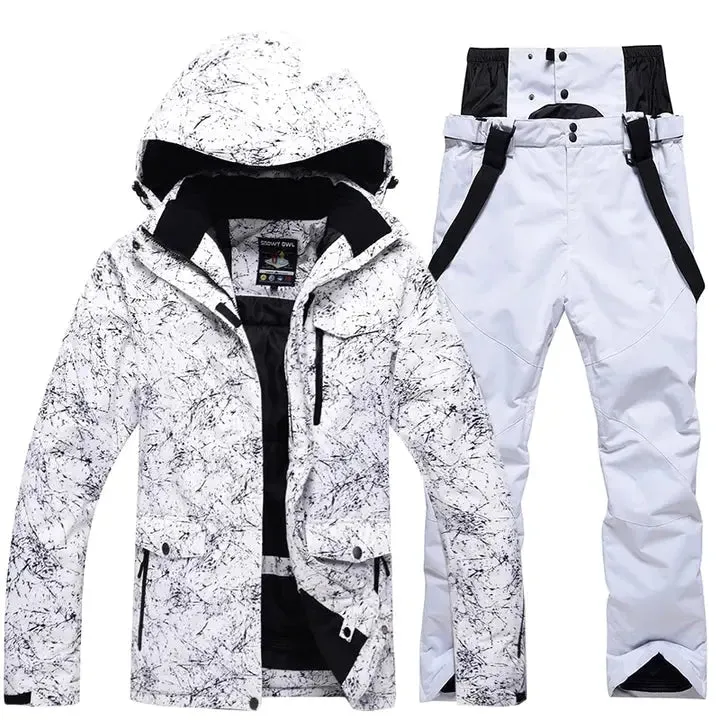 Women Snowboard Ski Jacket and Pants Set Marble Pattern