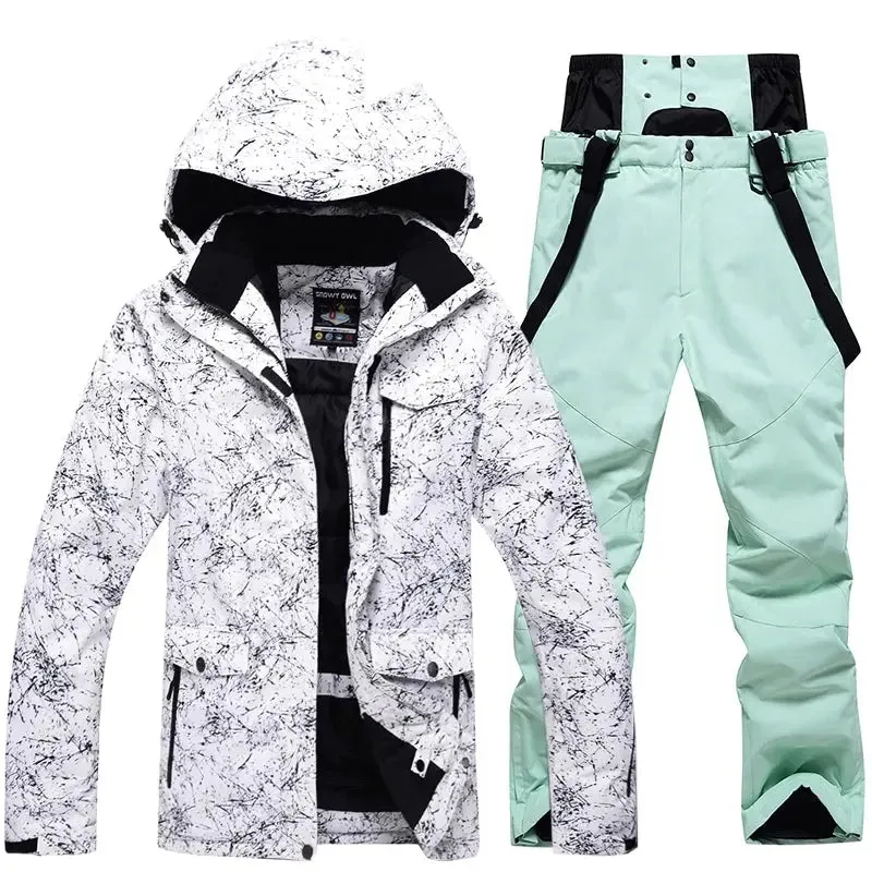 Women Snowboard Ski Jacket and Pants Set Marble Pattern