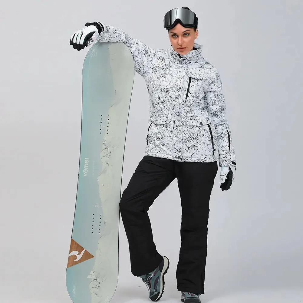 Women Snowboard Ski Jacket and Pants Set Marble Pattern