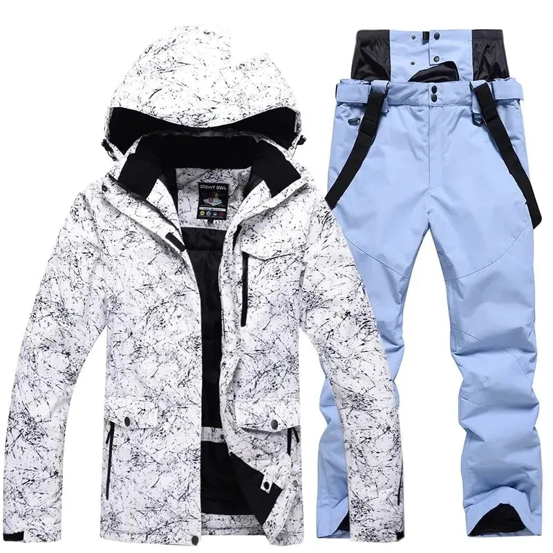 Women Snowboard Ski Jacket and Pants Set Marble Pattern