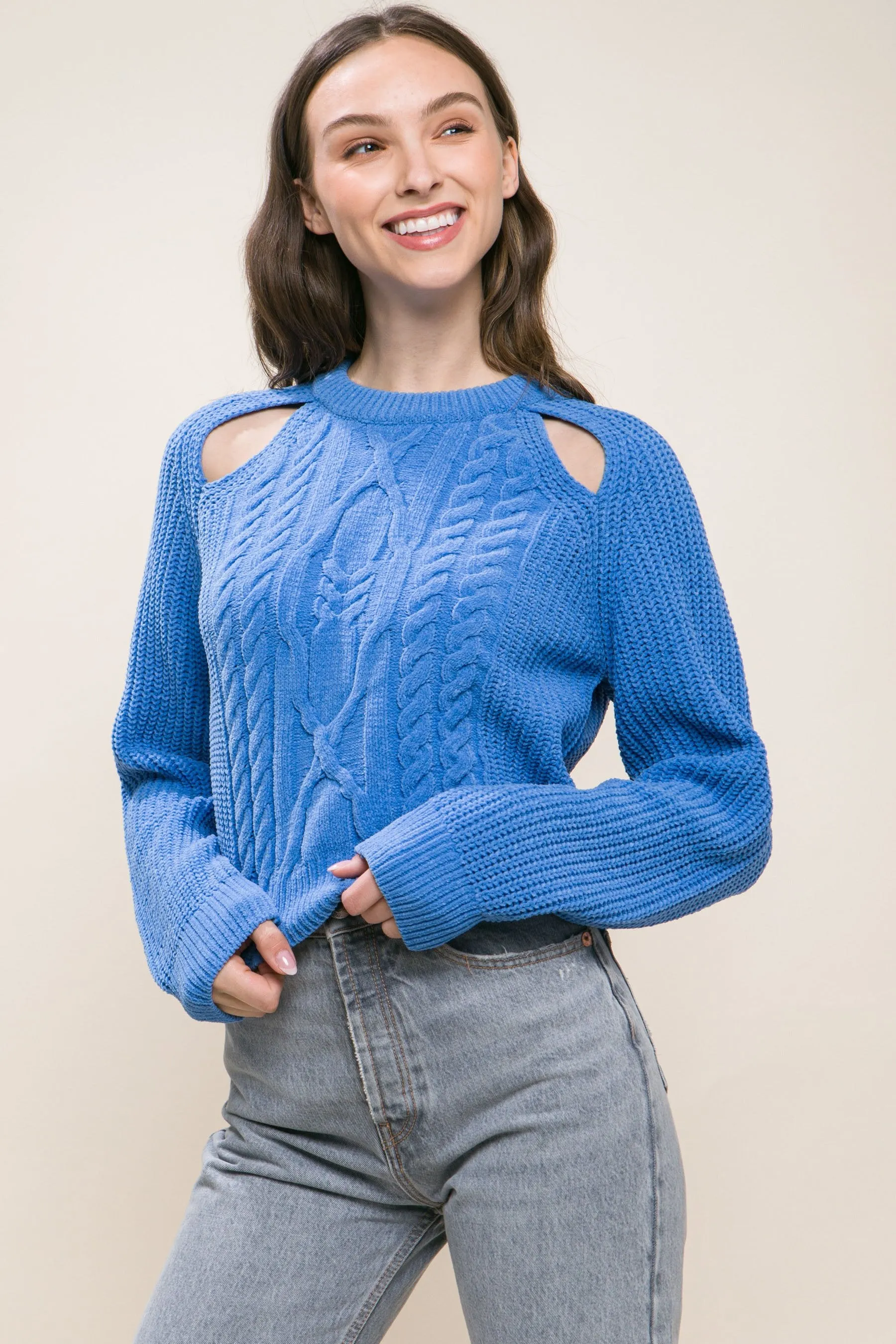 Women's Knit pullover sweater with cold shoulder detail