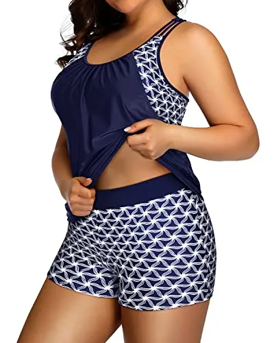 Womens Plus Size Tankini Swimsuit For Women Two Piece Tummy Control-Blue And White Stars