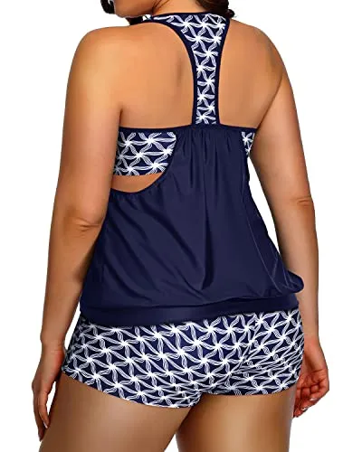 Womens Plus Size Tankini Swimsuit For Women Two Piece Tummy Control-Blue And White Stars