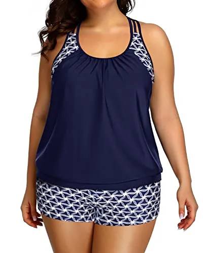 Womens Plus Size Tankini Swimsuit For Women Two Piece Tummy Control-Blue And White Stars