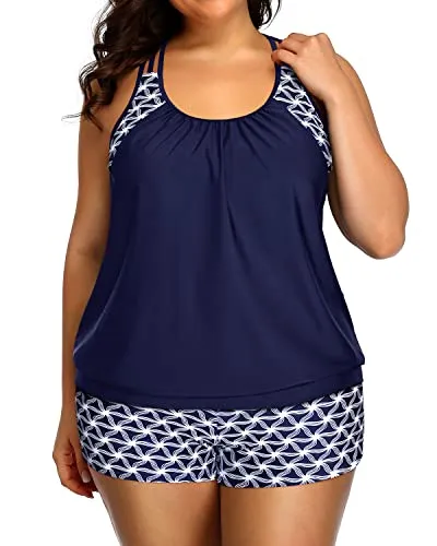 Womens Plus Size Tankini Swimsuit For Women Two Piece Tummy Control-Blue And White Stars