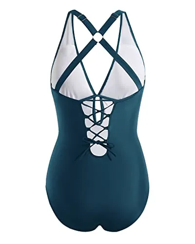 Women's Sexy Lace Up One Piece Deep V Neck Swimsuit-Teal