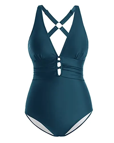 Women's Sexy Lace Up One Piece Deep V Neck Swimsuit-Teal